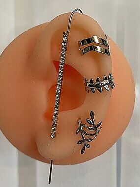4pc Silver CZ Pave Ear Crawler Climber Bar & Cuff Set | Edgy Festival Adjustable